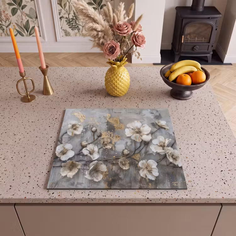 Herdabdeckplatte - Blumen - Weiß - Grau - Gold - Luxus — 3
