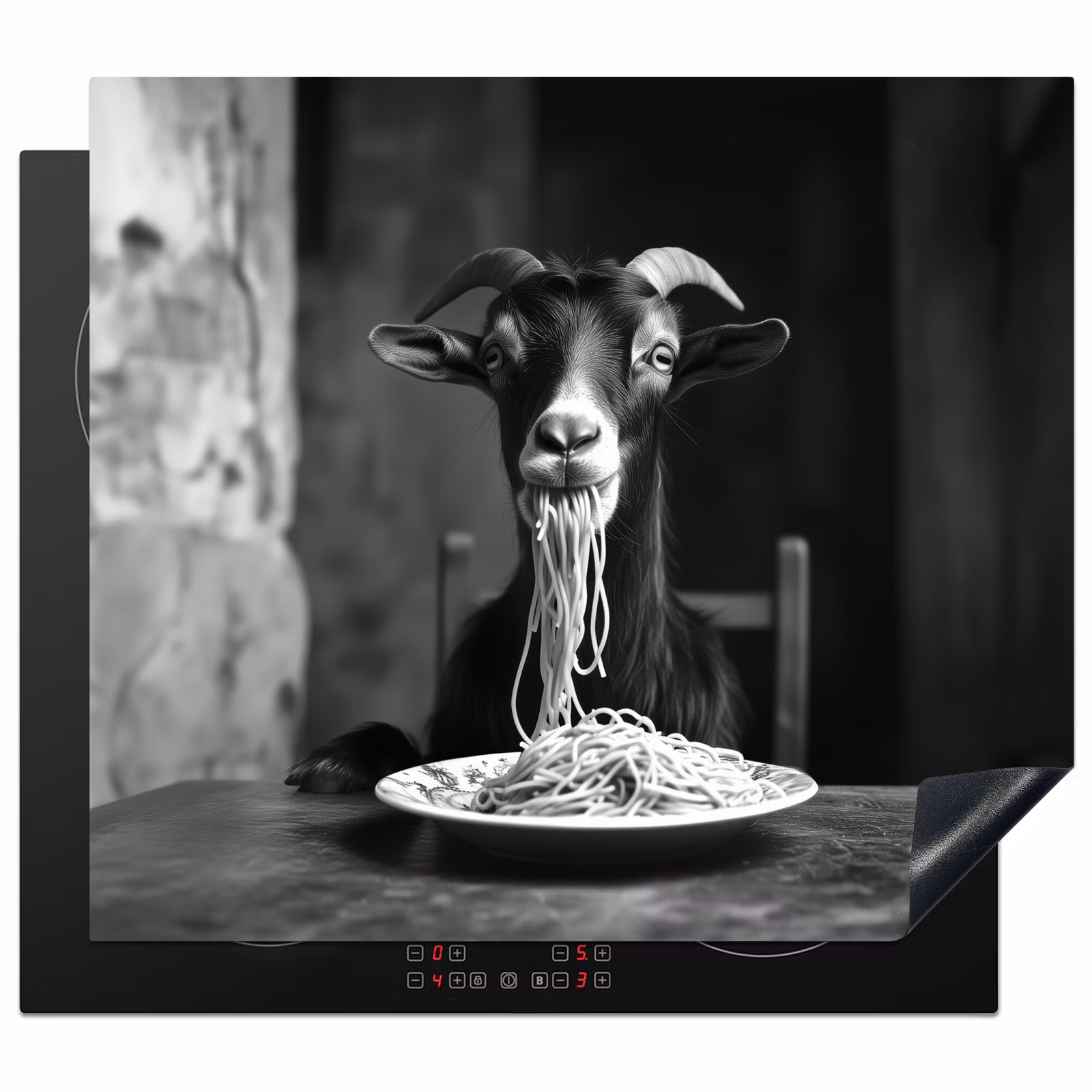 Herdabdeckplatte - Ziege - Teller - Spaghetti - Schwarz und weiß — 1