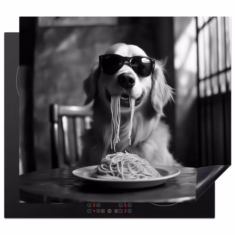 Herdabdeckplatte - Golden Retriever - Hund - Fröhlich - Teller Spaghetti - Schwarz - Weiß — 1
