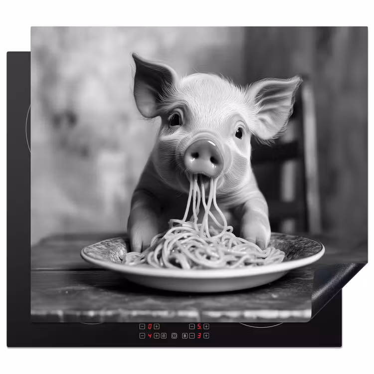 Herdabdeckplatte - Schwein - Niedlich - Spaghetti - Schwarz und weiß - Tier — 1