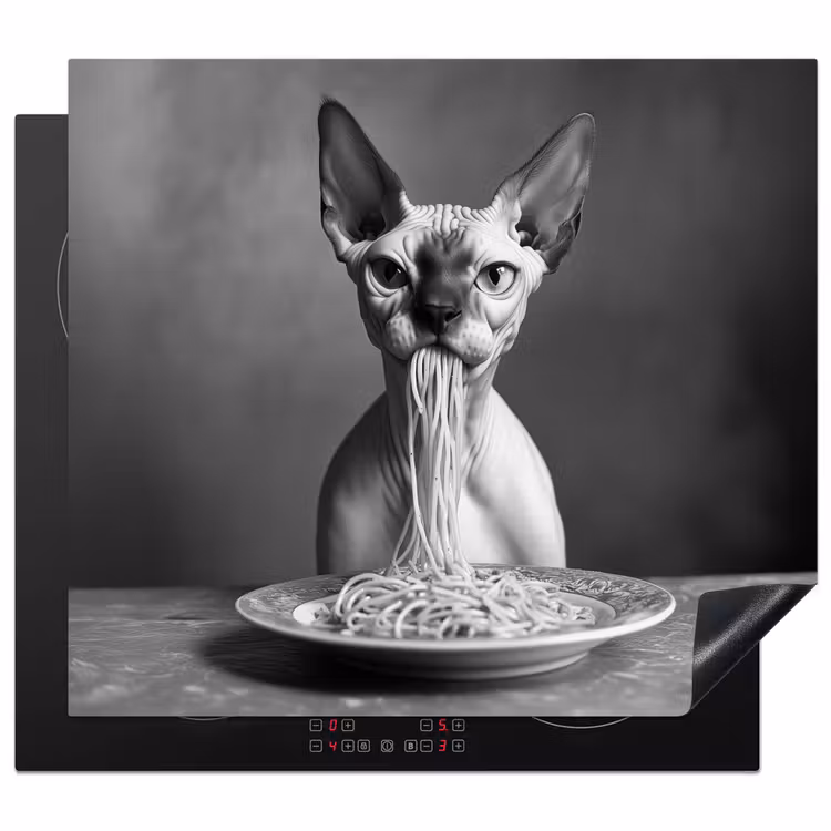 Herdabdeckplatte - Sphynx - Katze - Tiere - Humor - Spaghetti - Schwarz und Weiß — 1