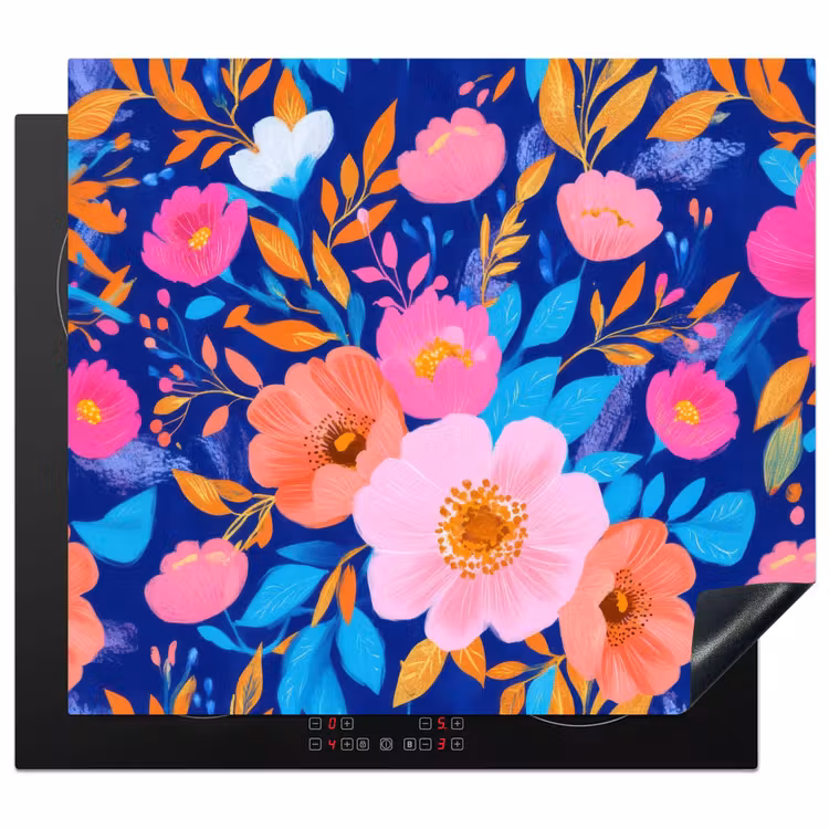 Herdabdeckplatte - Blumen - Blau - Rosa — 1