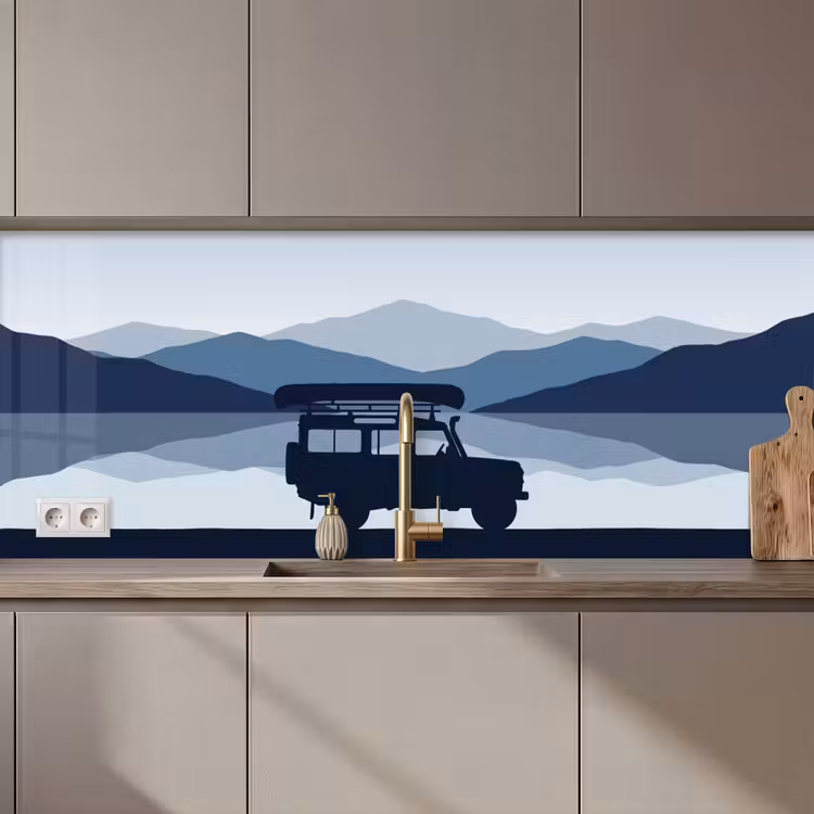 Spritzschutz Küche - Auto - See - Berge - Blau — 1