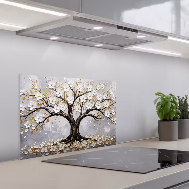 Spritzschutz Küche - Baum - Blumen - Natur - Abstrakt - Weiß — 1