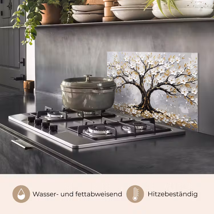 Spritzschutz Küche - Baum - Blumen - Natur - Abstrakt - Weiß — 2