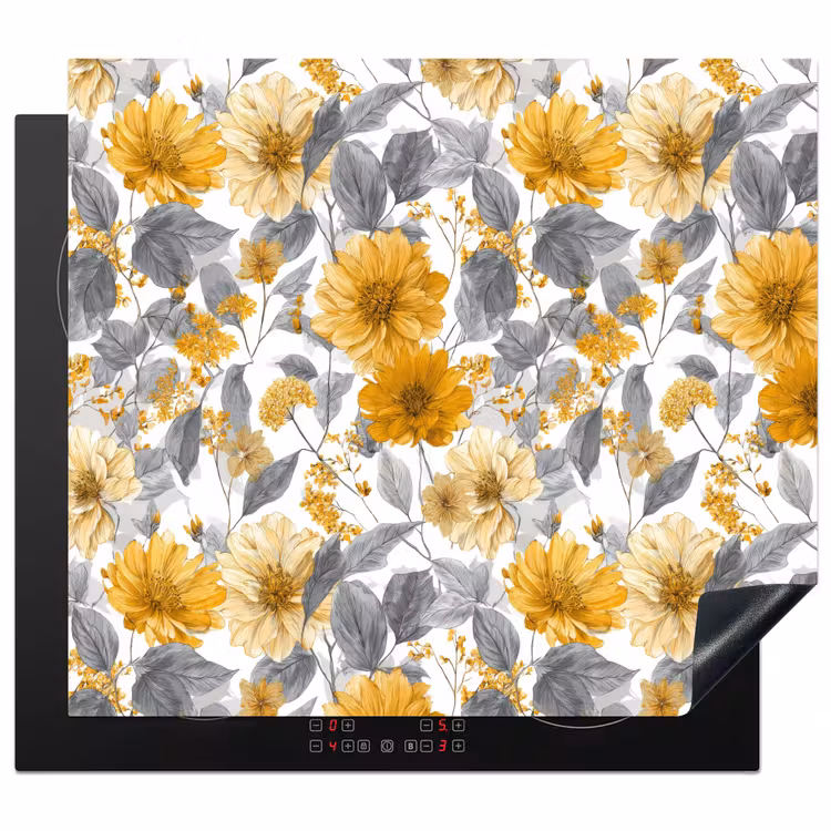 Herdabdeckplatte - Blumen – Botanisch – Elegant – Ockergelb – Grau — 1