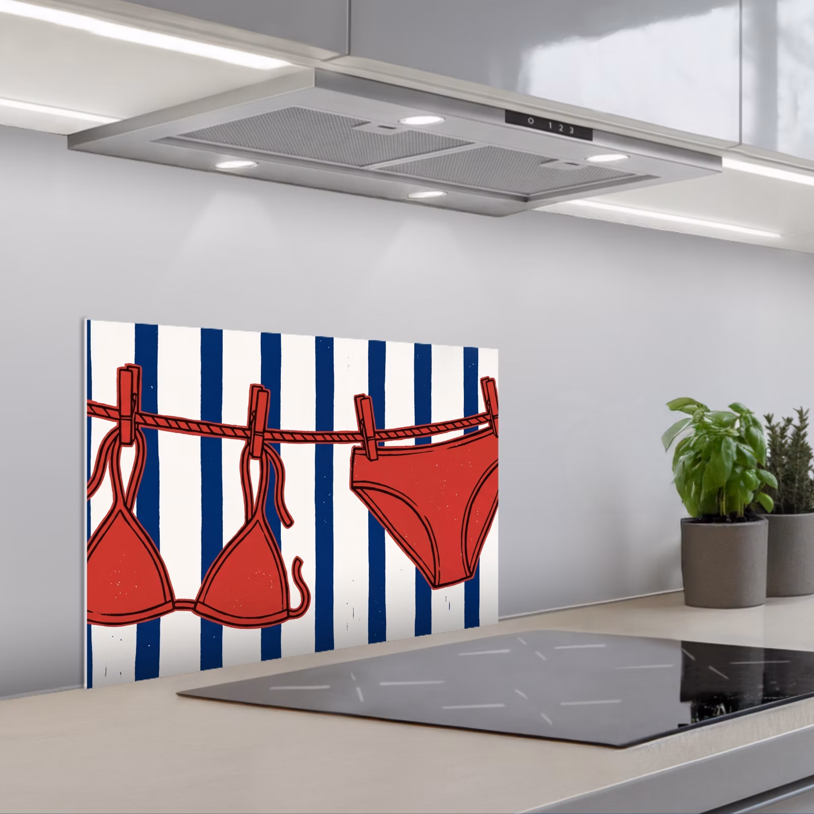 Spritzschutz Küche - Bademode – Wäscheleine – Sommer – Illustration – Rot — 1