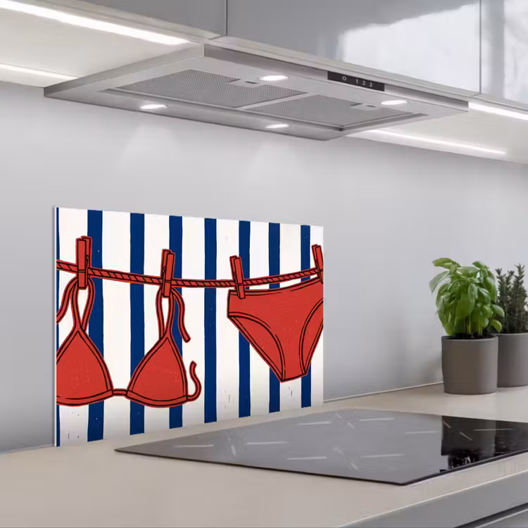 Spritzschutz Küche - Bademode – Wäscheleine – Sommer – Illustration – Rot — 1