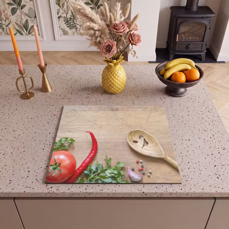 Herdabdeckplatte - Gemüse - Holzstruktur - Schöpfkelle - Smiley - Tomate — 3