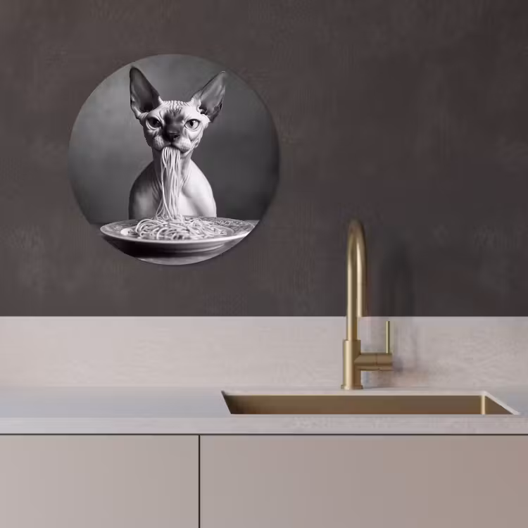 Runde Bilder - Sphynx - Katze - Tiere - Humor - Spaghetti - Schwarz und Weiß — 1