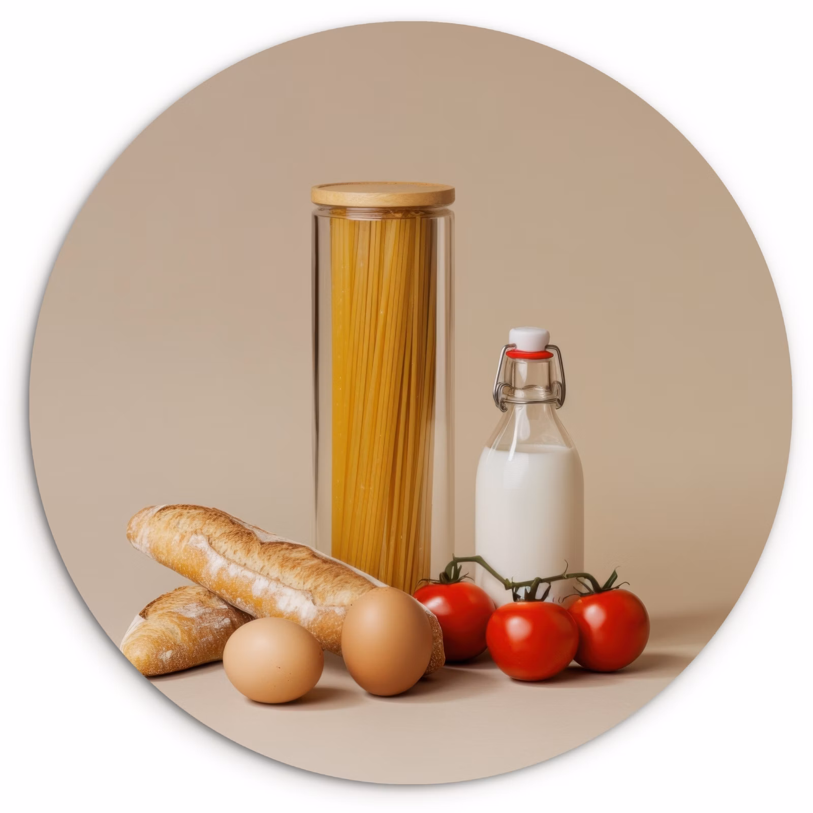 Runde Bilder - Spaghetti - Milch - Tomaten - Eier - Brot — 1