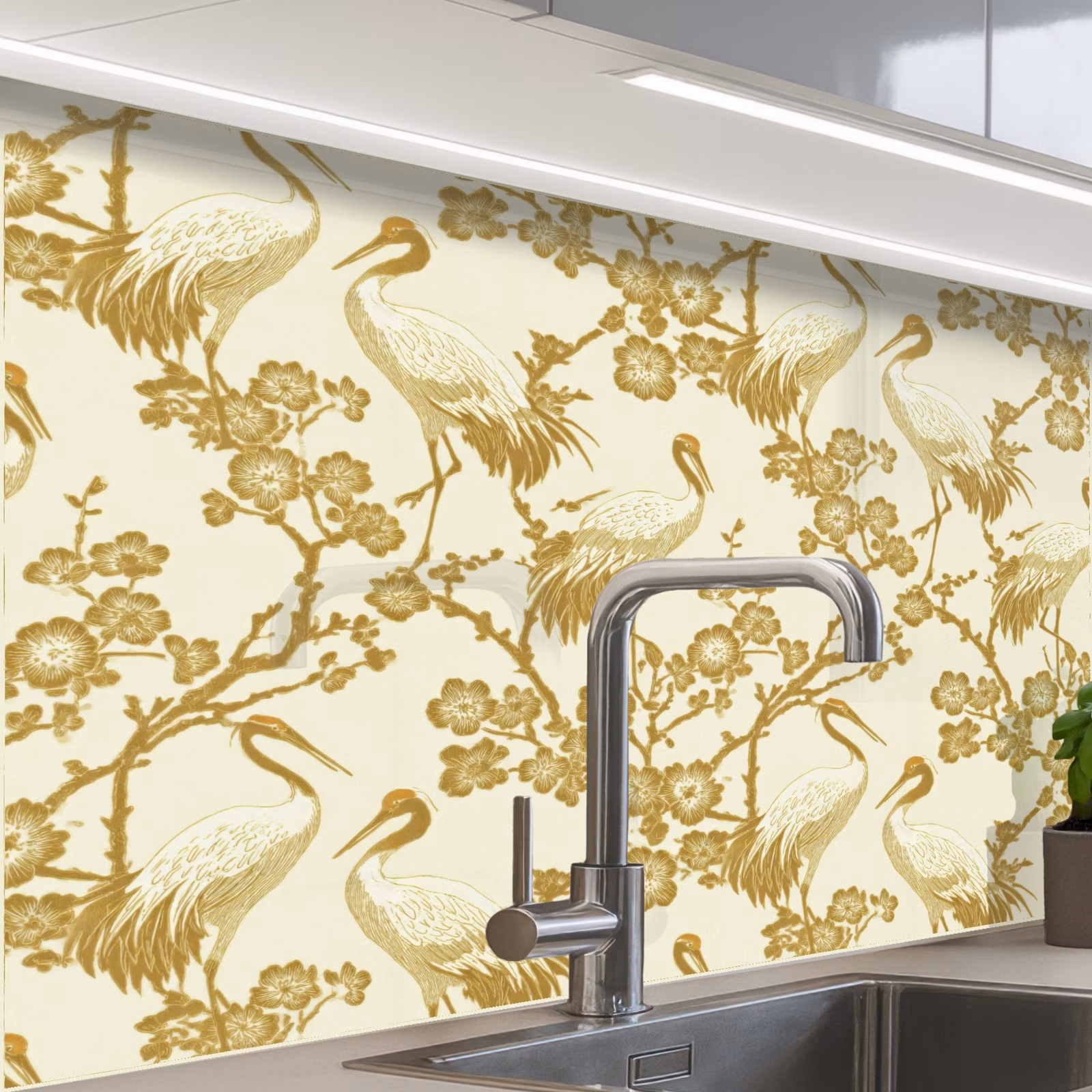 Küchenrückwand - Kraniche - Kirschblüte - Gold — 1