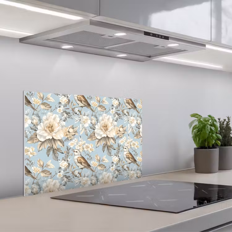 Spritzschutz Küche - Botanisch - Singvogel - Blau — 1