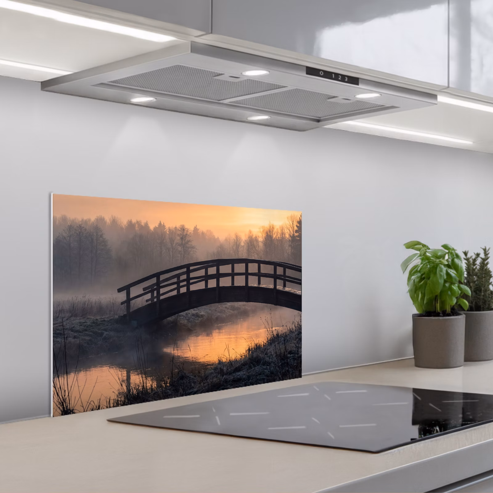 Spritzschutz Küche - Brücke - Nebel - Bäume - Wasser — 1