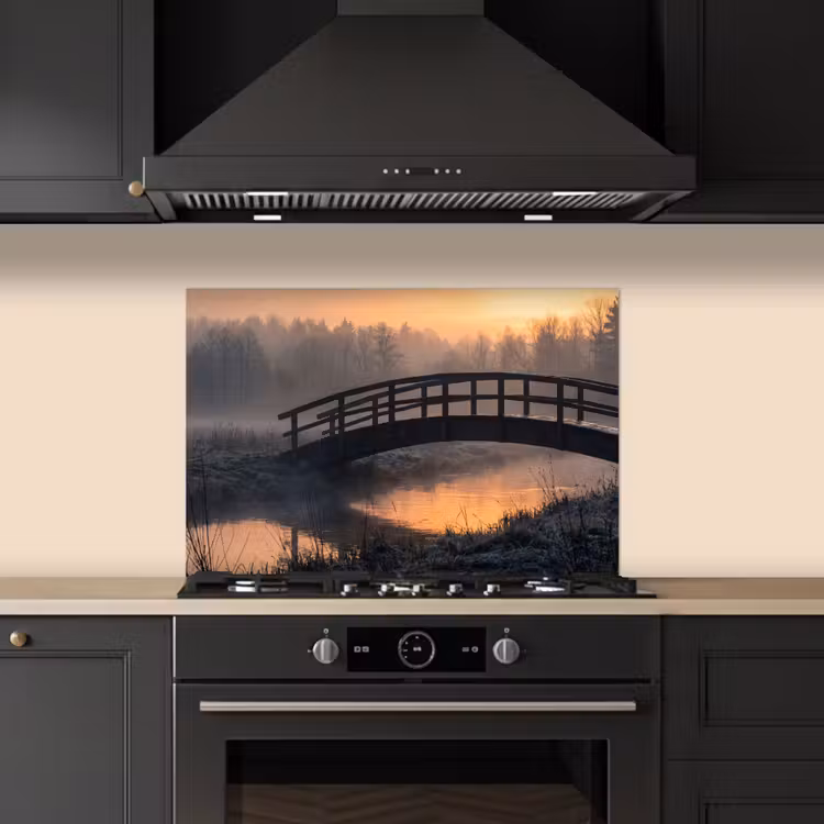 Spritzschutz Küche - Brücke - Nebel - Bäume - Wasser — 5