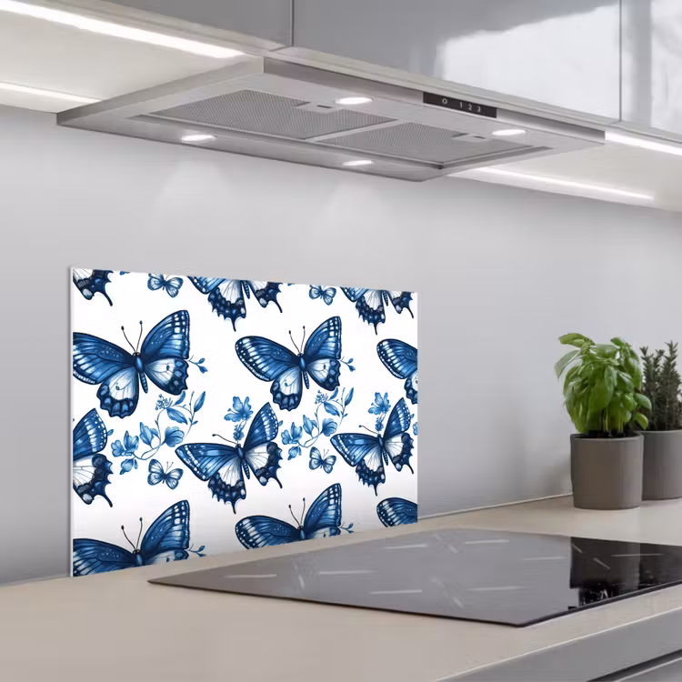 Spritzschutz Küche - Blau - Schmetterlinge - Blumen - Weiß — 1