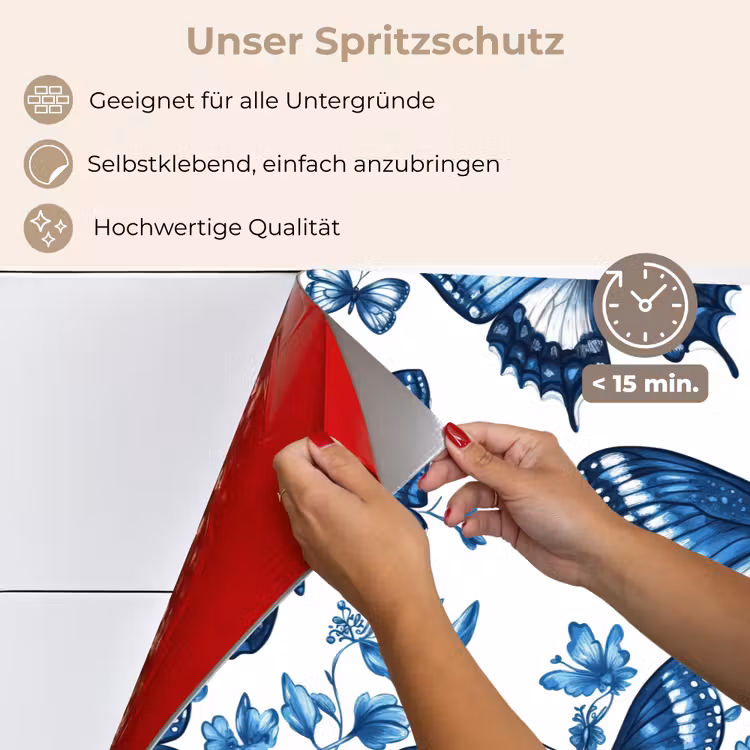 Spritzschutz Küche - Blau - Schmetterlinge - Blumen - Weiß — 4