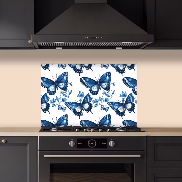 Spritzschutz Küche - Blau - Schmetterlinge - Blumen - Weiß — 5
