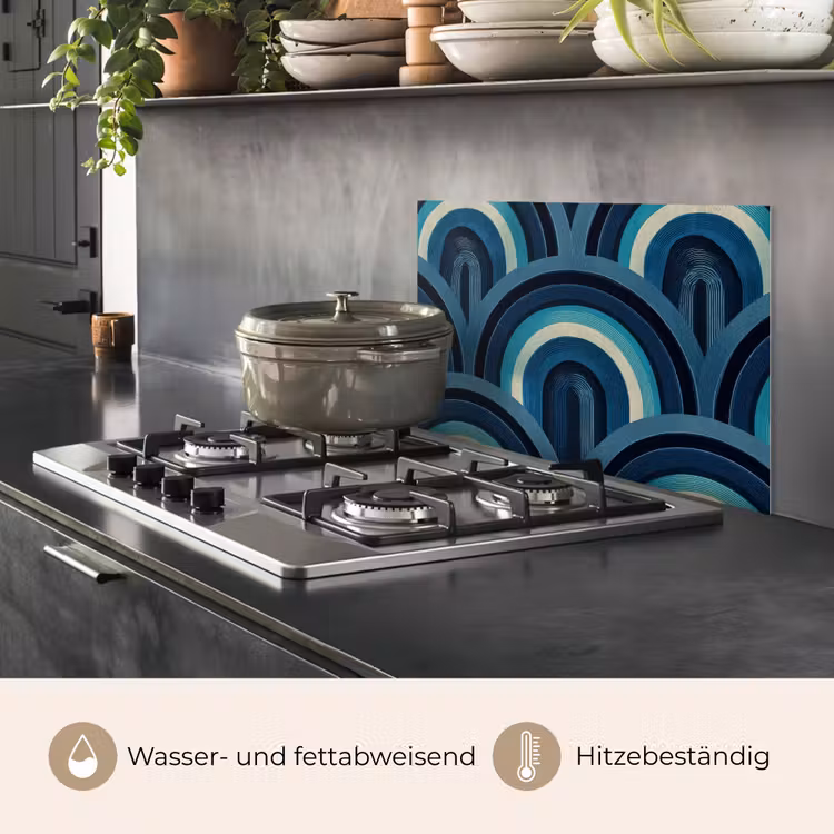 Spritzschutz Küche - Bögen - Geometrisch - Muster - Blau - Retro — 2