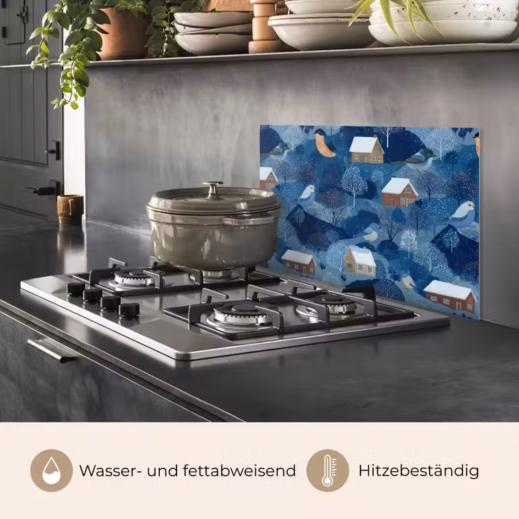Spritzschutz Küche - Häuser - Vögel - Schnee - Blau — 2