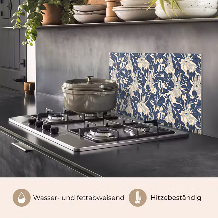 Spritzschutz Küche - Hasen - Blätter - Muster - Blau - Beige — 2
