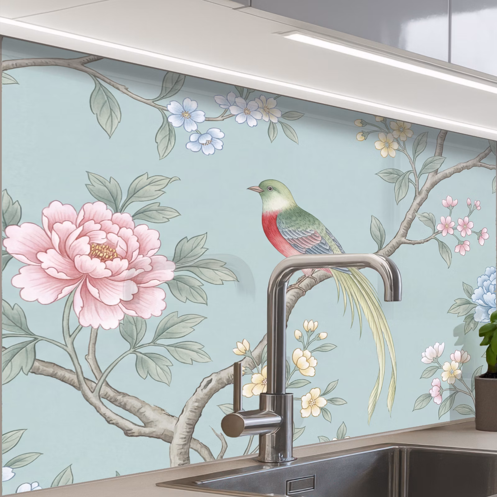 Küchen rückwand - Vogel - Blumen - Farbenfroh — 1
