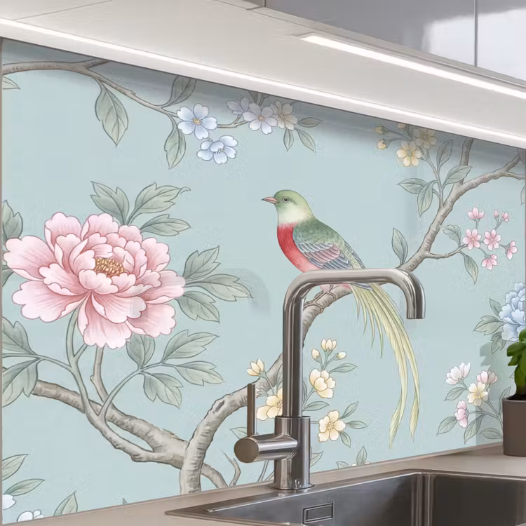 Küchen rückwand - Vogel - Blumen - Farbenfroh — 1