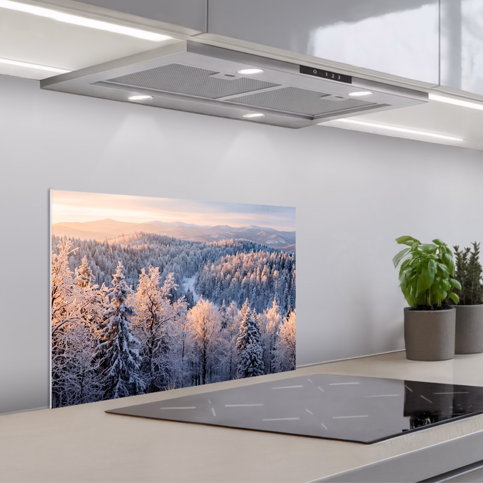 Spritzschutz Küche - Wald - Berge - Gold - Winter - Warm — 1