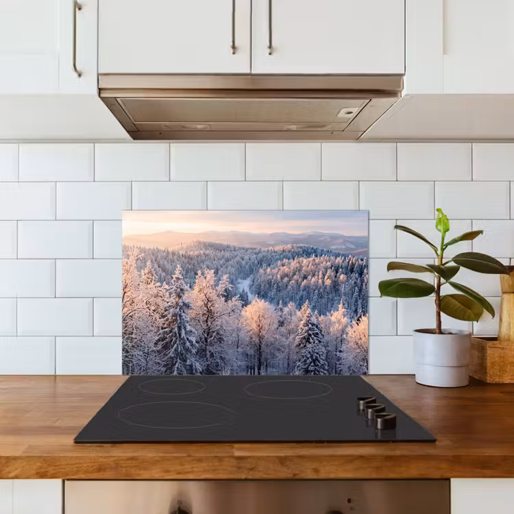 Spritzschutz Küche - Wald - Berge - Gold - Winter - Warm — 3