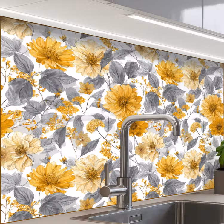 Küchen rückwand - Blumen – Botanisch – Elegant – Ockergelb – Grau — 1