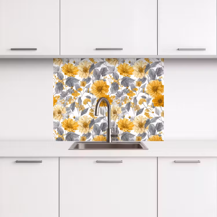Küchen rückwand - Blumen – Botanisch – Elegant – Ockergelb – Grau — 3