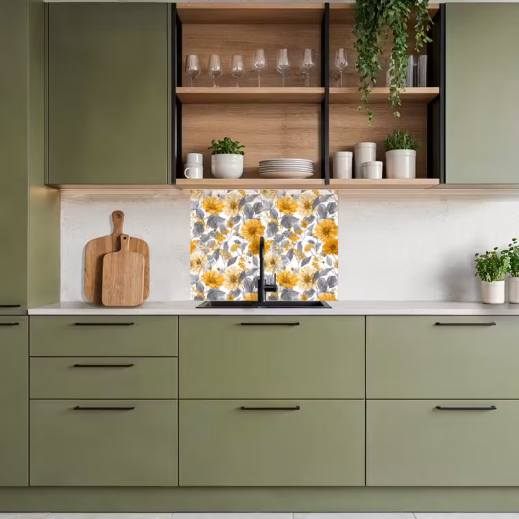 Küchen rückwand - Blumen – Botanisch – Elegant – Ockergelb – Grau — 7
