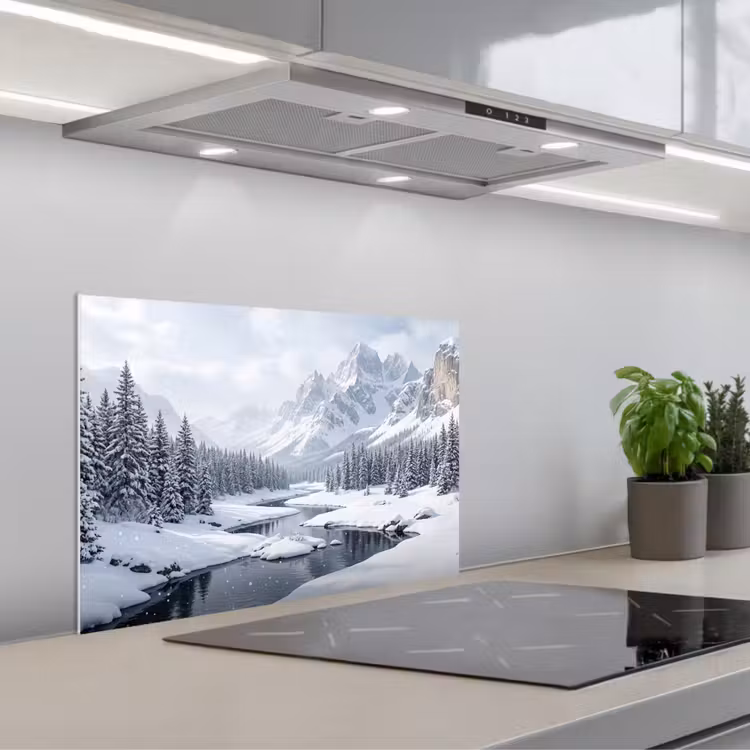 Spritzschutz Küche - Verschneite Landschaft - Berge - Fluss - Winter — 1