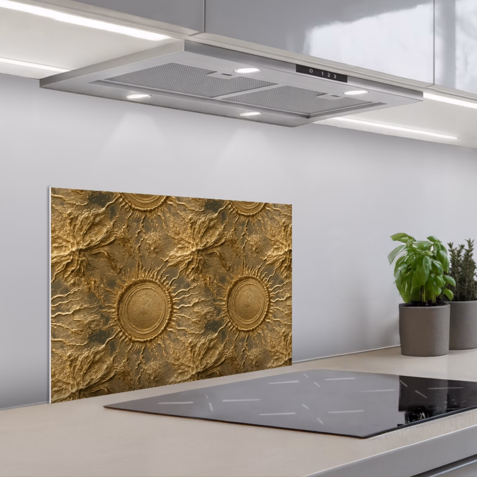 Spritzschutz Küche - Sonne – Relief – Antik – Gold — 1
