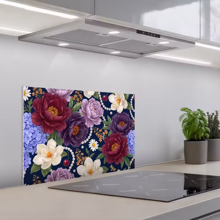 Spritzschutz Küche - Blumen – Perlen – Dekoration – Modern – Blau — 1