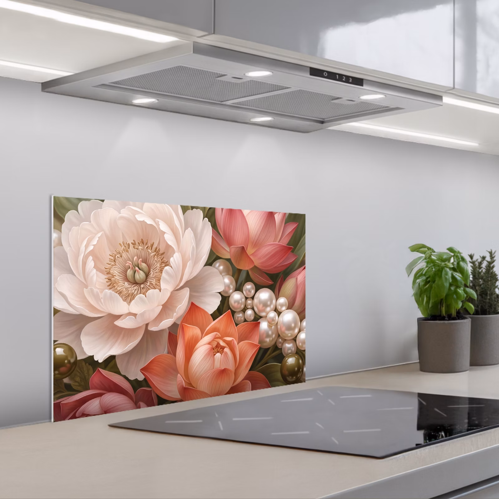 Spritzschutz Küche - Blumen – Perlen – Elegant – Rosa – Weiß — 1