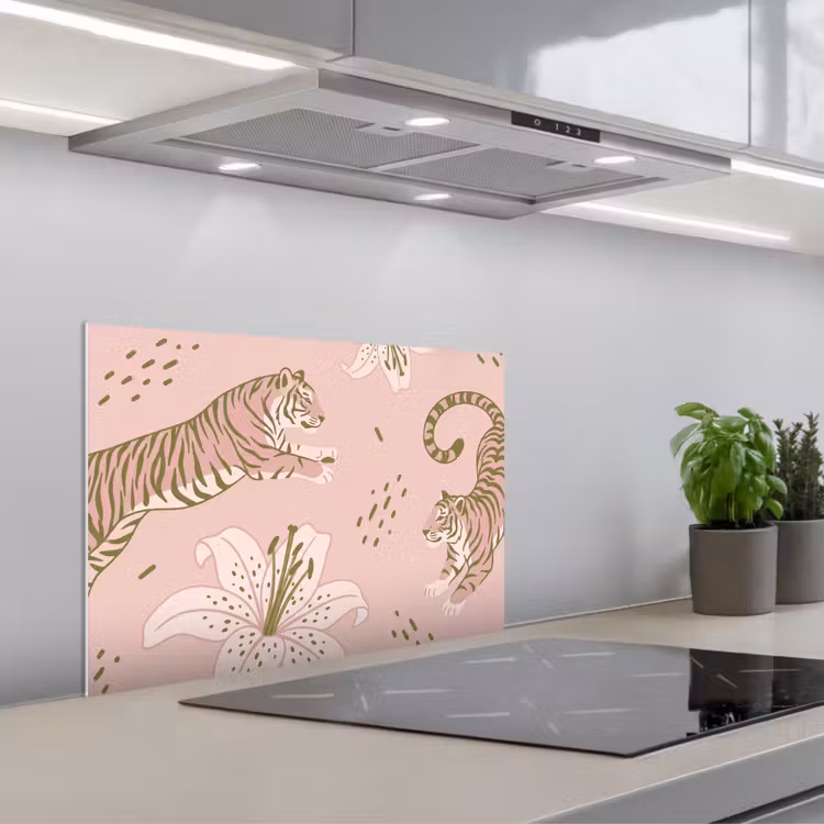 Spritzschutz Küche - Katze – Springend – Blumen – Abstrakt – Rosa — 1