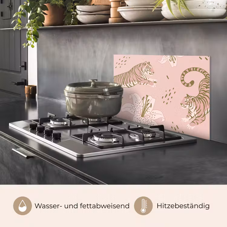 Spritzschutz Küche - Katze – Springend – Blumen – Abstrakt – Rosa — 2