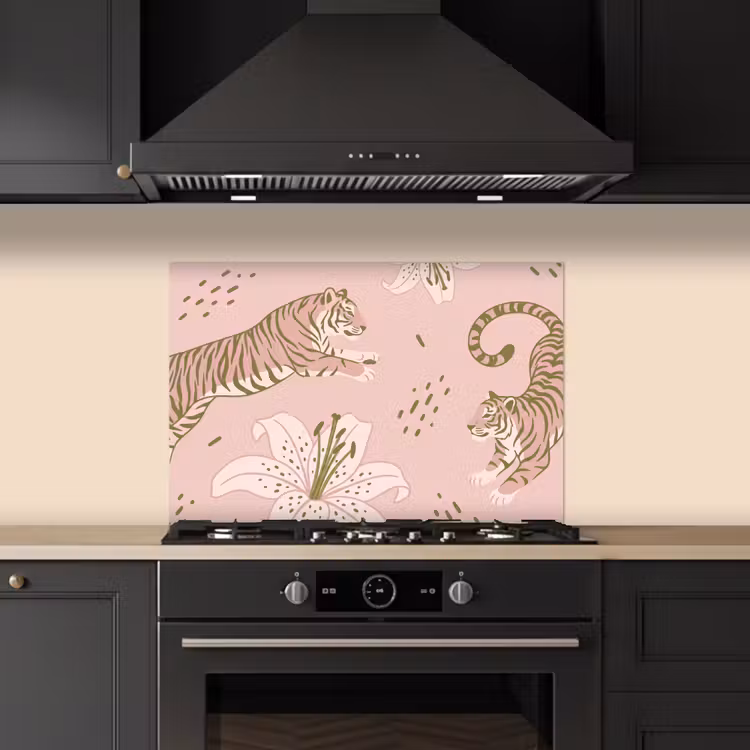 Spritzschutz Küche - Katze – Springend – Blumen – Abstrakt – Rosa — 5