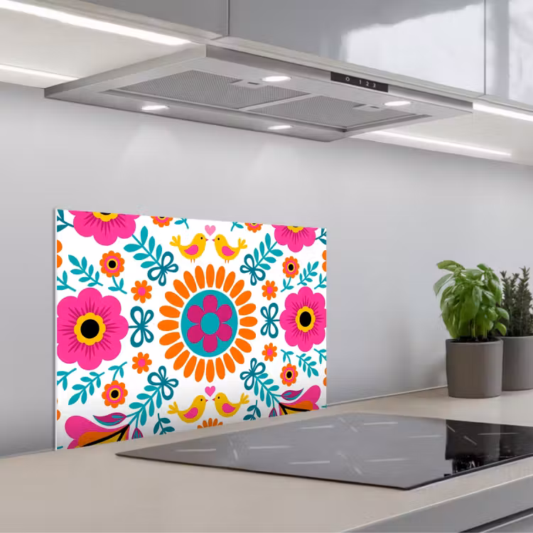 Spritzschutz Küche - Blumen – Vogel – Muster – Bunt – Modern — 1