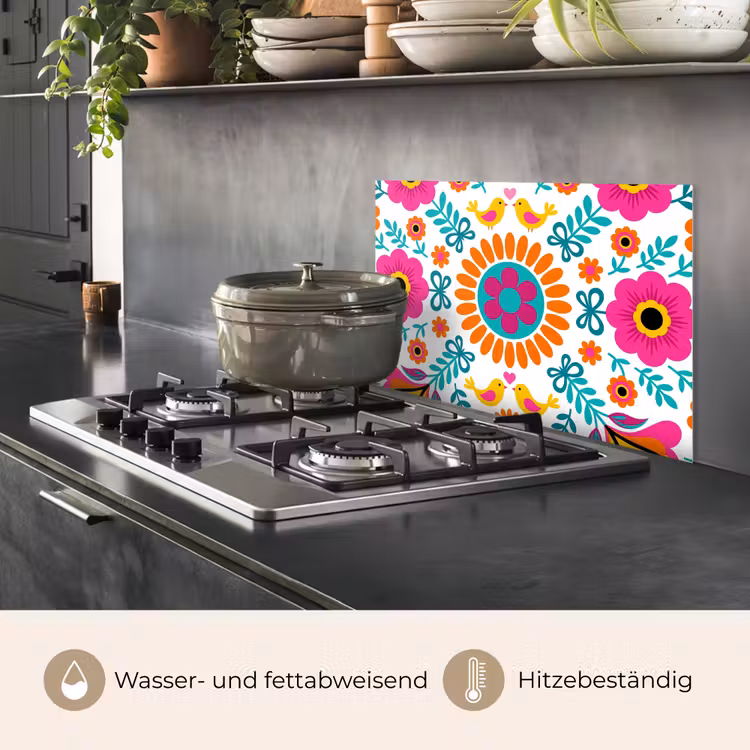 Spritzschutz Küche - Blumen – Vogel – Muster – Bunt – Modern — 2