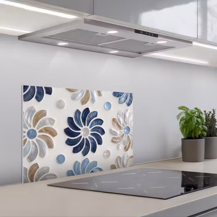 Spritzschutz Küche - Blumen – Perlmutt – Abstrakt – Muster – Blau — 1