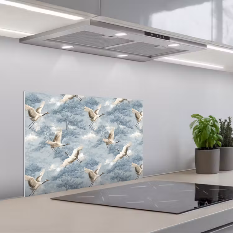 Spritzschutz Küche - Wolken - Kraniche - Blau — 1