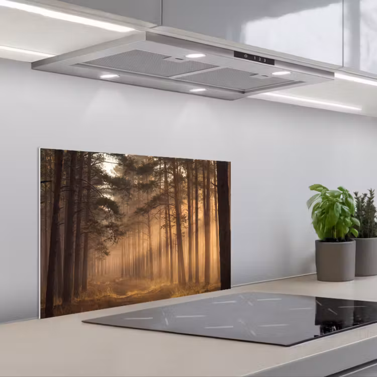Spritzschutz Küche - Wald - Nebel - Sonnenlicht — 1