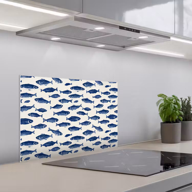 Spritzschutz Küche - Fisch - Muster - Blau - Weiß — 1