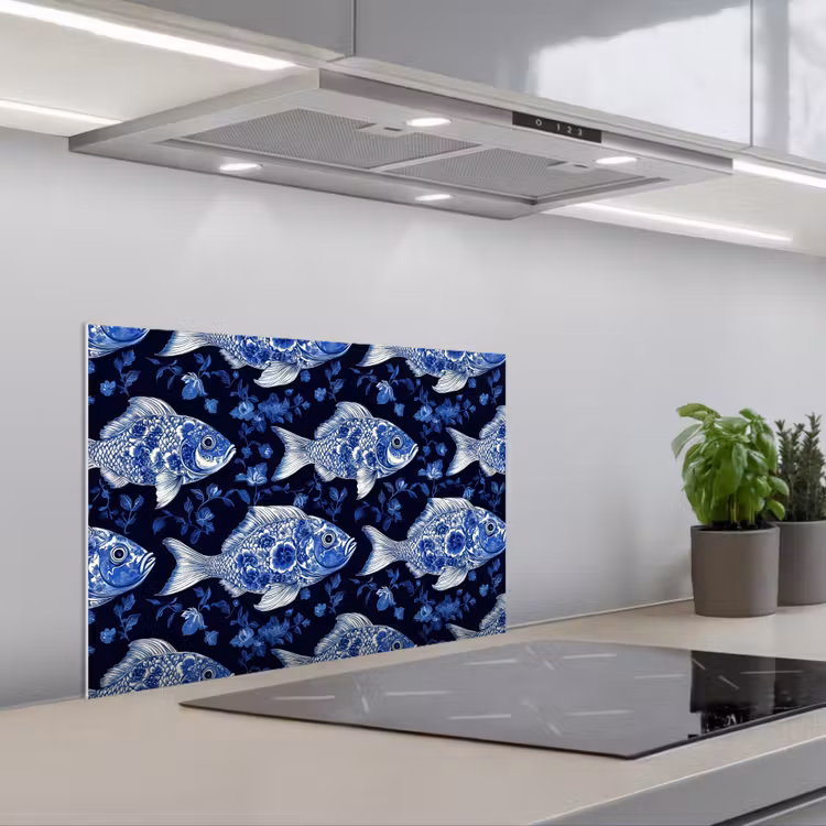 Spritzschutz Küche - Fische - Blumen - Blau — 1