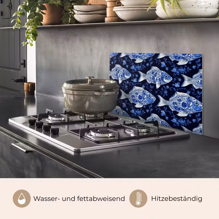 Spritzschutz Küche - Fische - Blumen - Blau — 2