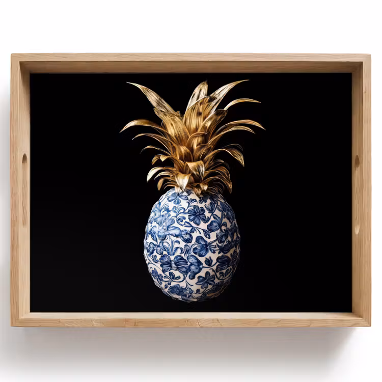 Tablett - Ananas - Blumenmuster - Gold - Delfter Keramik — 1