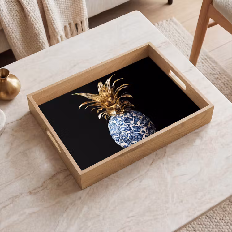 Tablett - Ananas - Blumenmuster - Gold - Delfter Keramik — 2
