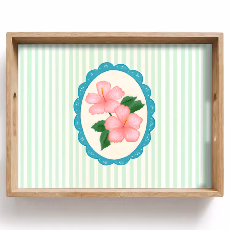 Tablett - Blumen - Oval - Streifen - Grün — 1